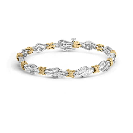 10k Two-Toned Gold 2.00 Cttw Channel Set Baguette-Diamond Weave and  "X" Spiral Link Bracelet (H-I Color, I1-I2 Clarity) - 7"